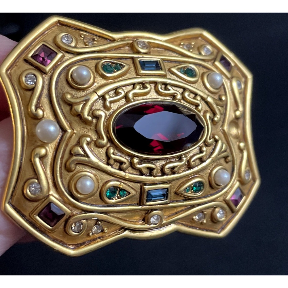 Vintage RALPH LAUREN Brooch Rhinestone Etruscan Revival Gold Tone Signed READ - Picture 2 of 10
